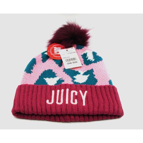 NEW Juicy Couture Beanie Hat Burgundy Pink Teal Pom Pom NWT Knit Embroidery OSFM - Picture 1 of 10